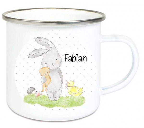 ♥ zauberhafte Tasse Emailletasse Hase Hasi Bär Küken Name,  Wunschname, KITA Kindergarten, Einschulung, Dankeschön, Abschied, Jubiläum, Geschenk, Becher von Lüttentüddel